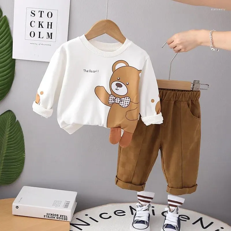 Kläderuppsättningar 2024 Autumn Designer Baby Girl and Boy Clothes 1 till 2 Years Cartoon O-Neck Pullover Long Sleeve T-shirts Pants Kids Outfit Set Set