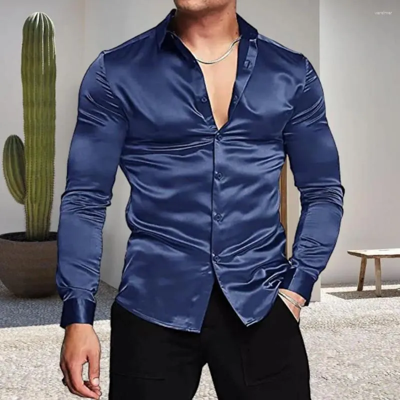 Camicie casual da uomo Camicia a maniche lunghe da uomo Elegante abito in raso simil seta lucido con risvolto tinta unita slim fit