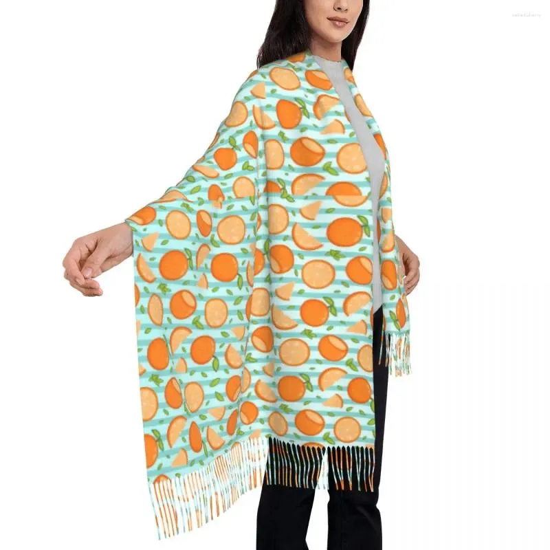 Foulards Orange Oranges Écharpe avec pompon Dessin animé Fruit Imprimer Chaud Doux Châles et Wrap Femmes Chapeaux Hiver Rétro Foulard