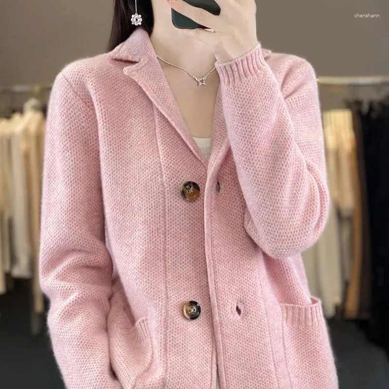 Women's Knits Autumn And Winter Merino Wool Clothing Suit Collar Cardigan Casual Loose Knitted Thickened Top Warm Korean