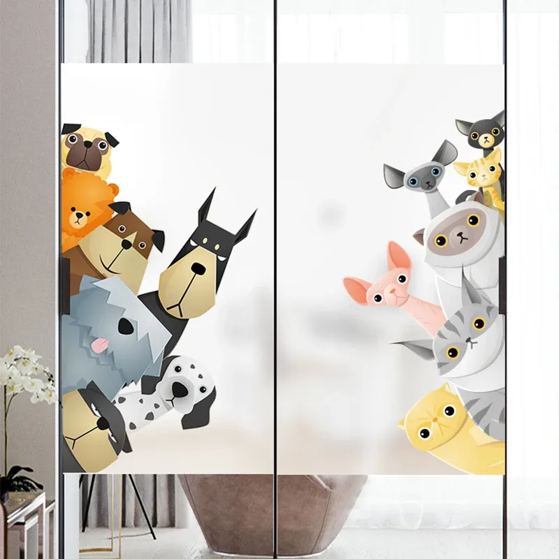 Films Cartoon Static Window Film Decorative Vinyls For Screens Bathroom Home Cute Animal Privacy Stained Glass Film Removable Tinting