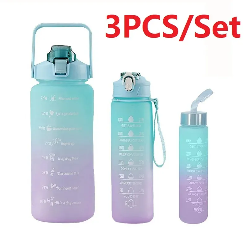 1Set3pcs sportwaterfles met stroming mannen dames fitnessflessen outdoor koude flessenc tijd marker drinkware 240314