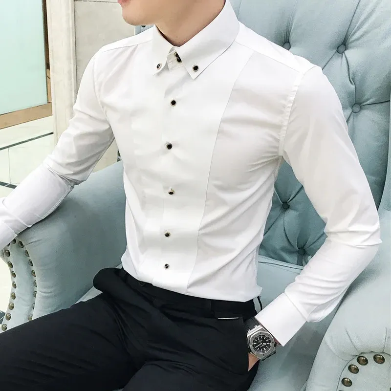 Camisas masculinas de luxo marca manga longa camisas elegantes para roupas masculinas fino ajuste casual camisas sociais formal preto/branco 240318