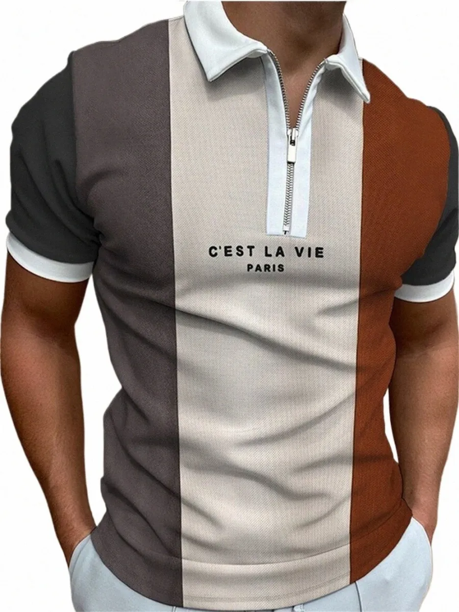 Polo Ajustado C Estampado de Letras Para Hombre, Camisa Lisa de Marca, de Manga Corta, Verano F6Gu#