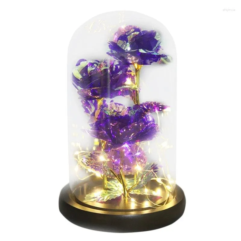 Flores decorativas 24K Flor artificial Galaxy Rose Luz de cúpula de vidrio preservada para siempre para el regalo del día de la madre de San Valentín