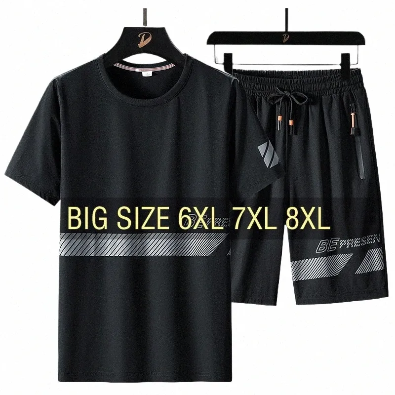 män t shirt kostym shorts tshirt set överdimensionera 6xl 7xl 8xl plus size kort ärm svart t-shirts sommar fi löst dropship p6vt#