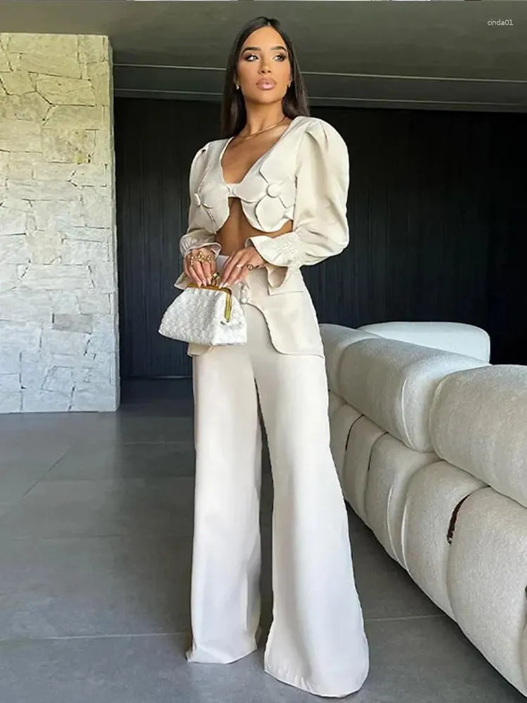 Women's Spring Two-Piece Outfit: Sexy Flare Sleeve Crop Top & Wide Leg Pants  Set - Chic V Neck Backless Suit, Fashion from Dhgate Women's Two Piece Pants  - price 65.25