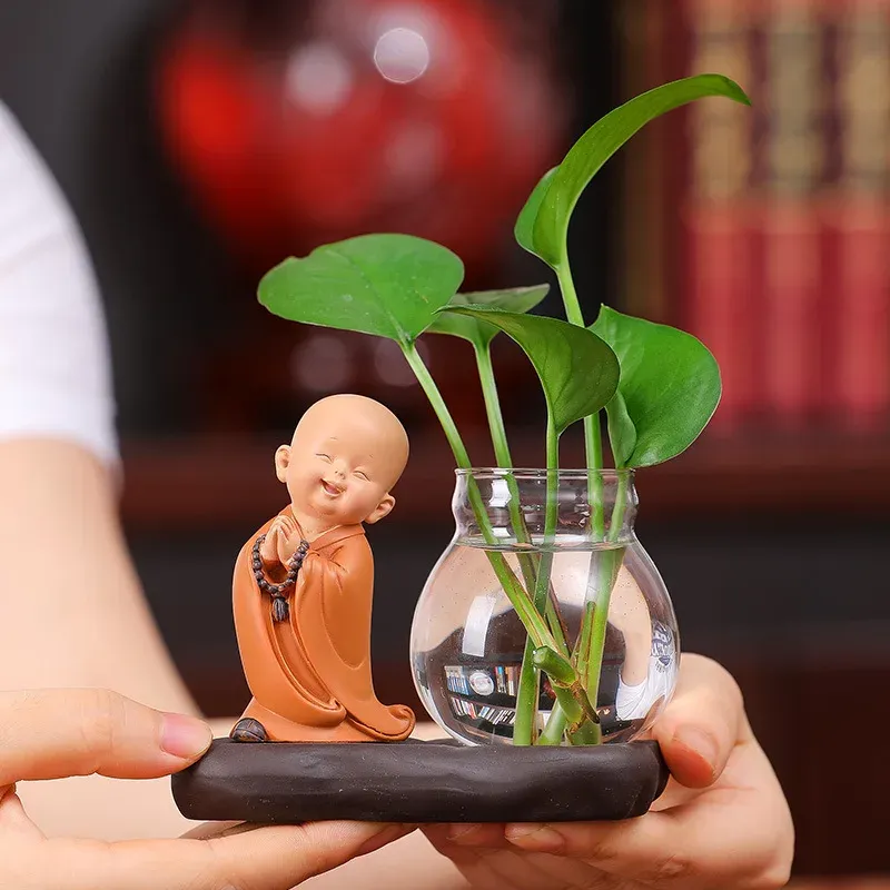 Vases Creative Chinese Style Vase Living Room Decoration Monk Transparent Glassware Green Apple Hydroponic Ornaments Home Decoration