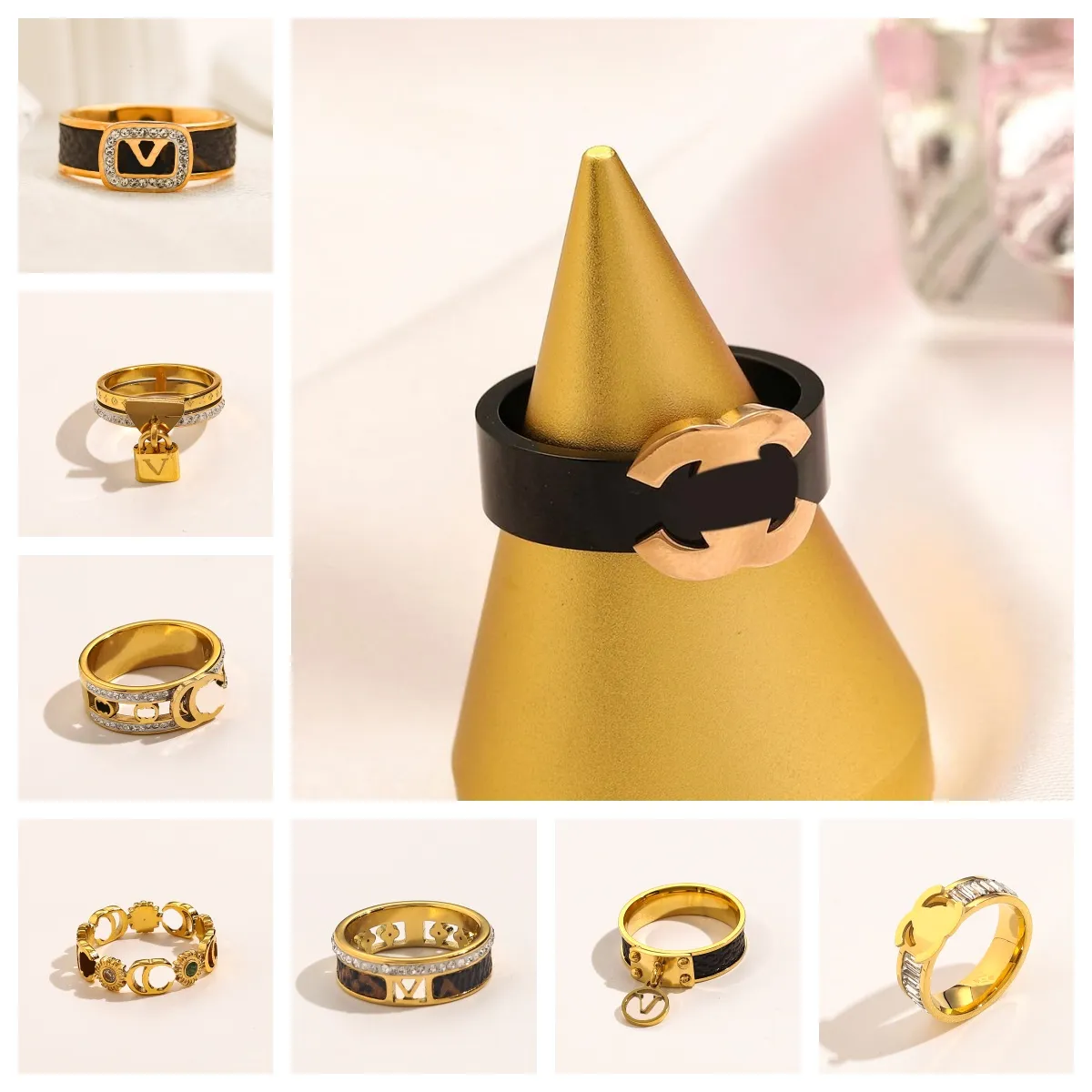 20Style Never Fade S Classic Designer Ring Womens Rings Fashion rostfritt stål Graverade bokstavsmönster Guldpläterad storlek Högkvalitativ 6-8 grossist