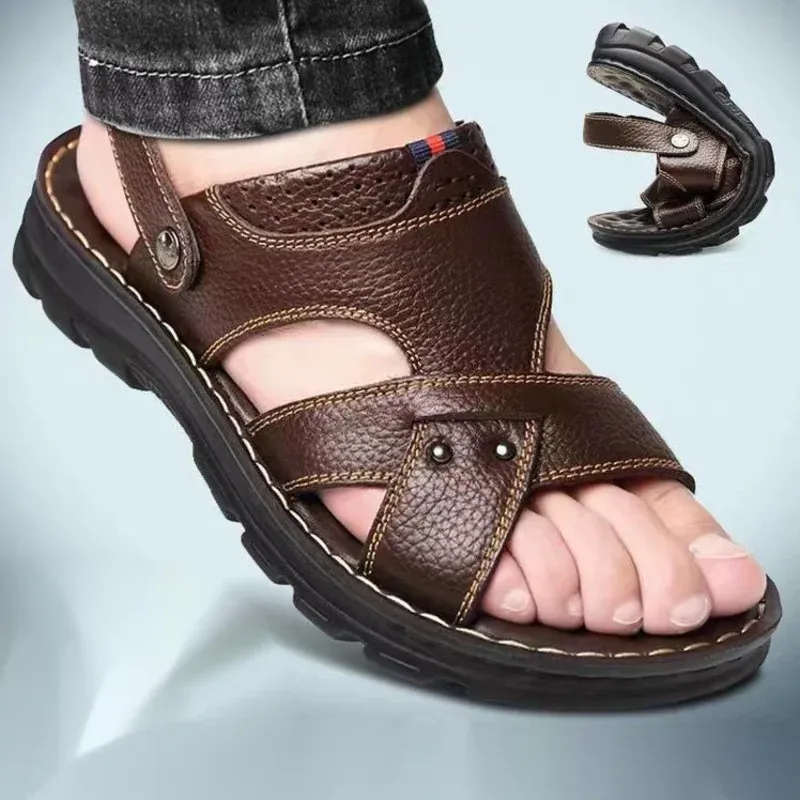 靴のメンズサンダル2023夏の防水性ノンズスリップ本革サンダルソフトソールスリッパ通気性カジュアルシューズザパトスhombre