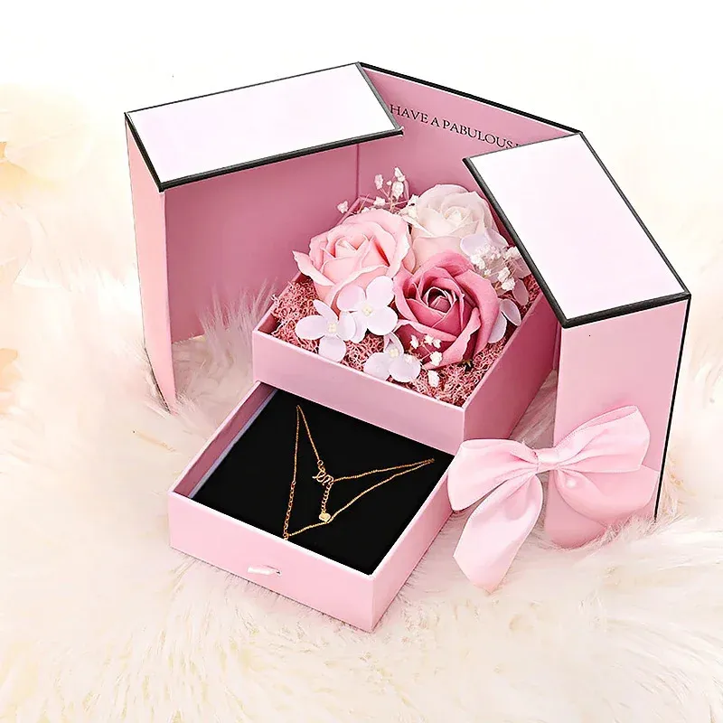 Eternal Soap Rose Flower Gift Box with Drawer Design Necklace Jewelry Packaging Double Door Boxes Wedding Valentines Day Decor 240315