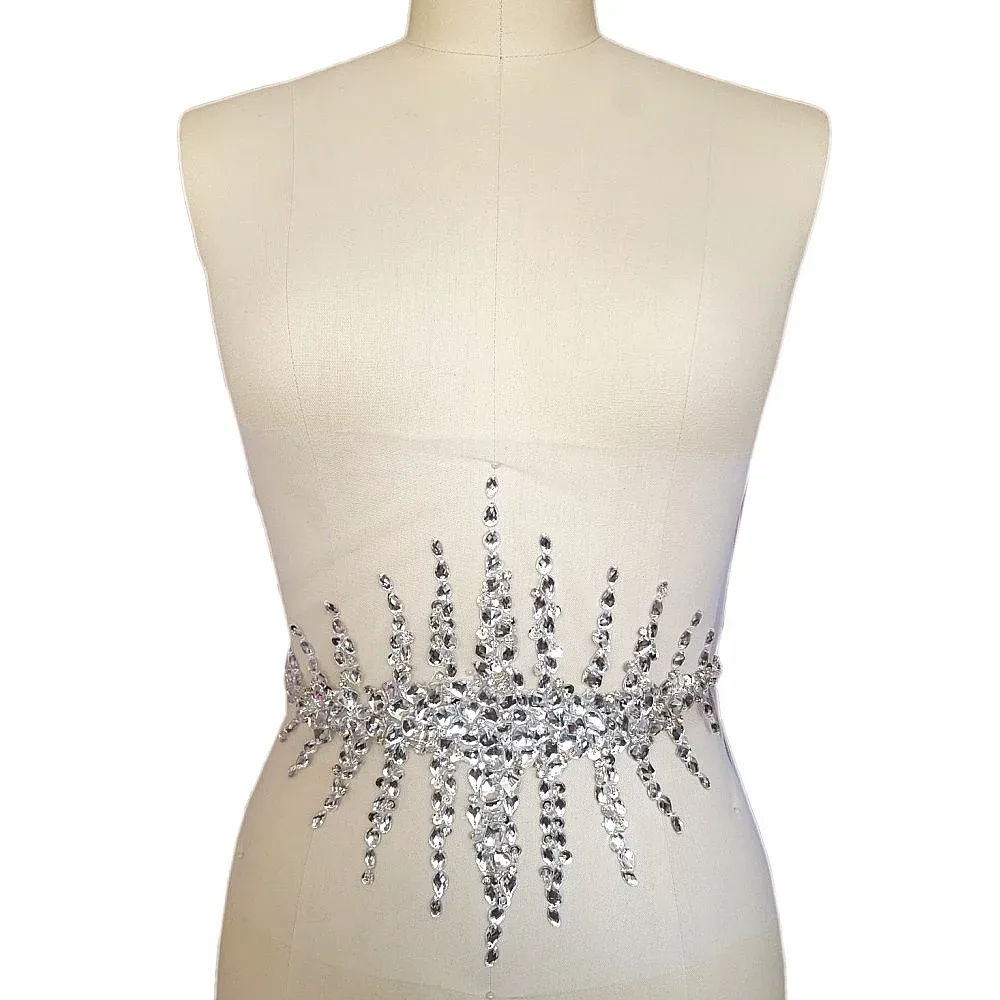 Tillbehör Anpassade design Silver Sew On Fix Pärled Crystal Rhinestone Applique Patches Trim For Wedding Dress Belt 20x33cm Midje dekoration