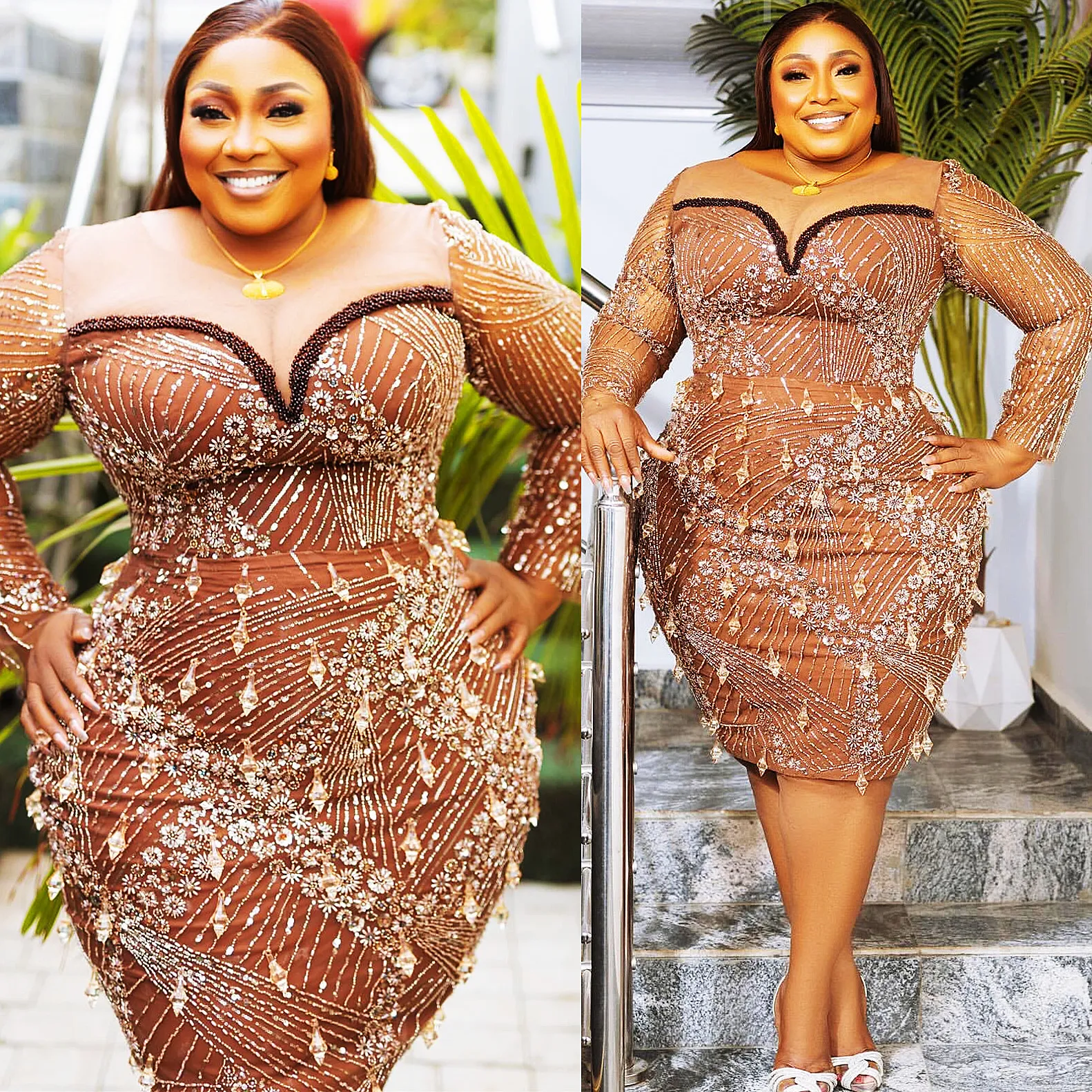 2024 Aso Ebi Plus Size Guaina color cioccolato Abito da ballo con perline Cristalli Serata formale Festa Secondo ricevimento 50esimo compleanno Abiti di fidanzamento Abiti Robe De Soiree ZJ62