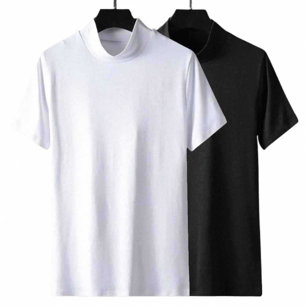 fi 2023 Smooth Oversize Crossfit Men's Stretch Short Sleeve Turtleneck Tee Tops Casual Solid Color Slim Base Layer Shirt d1fV#
