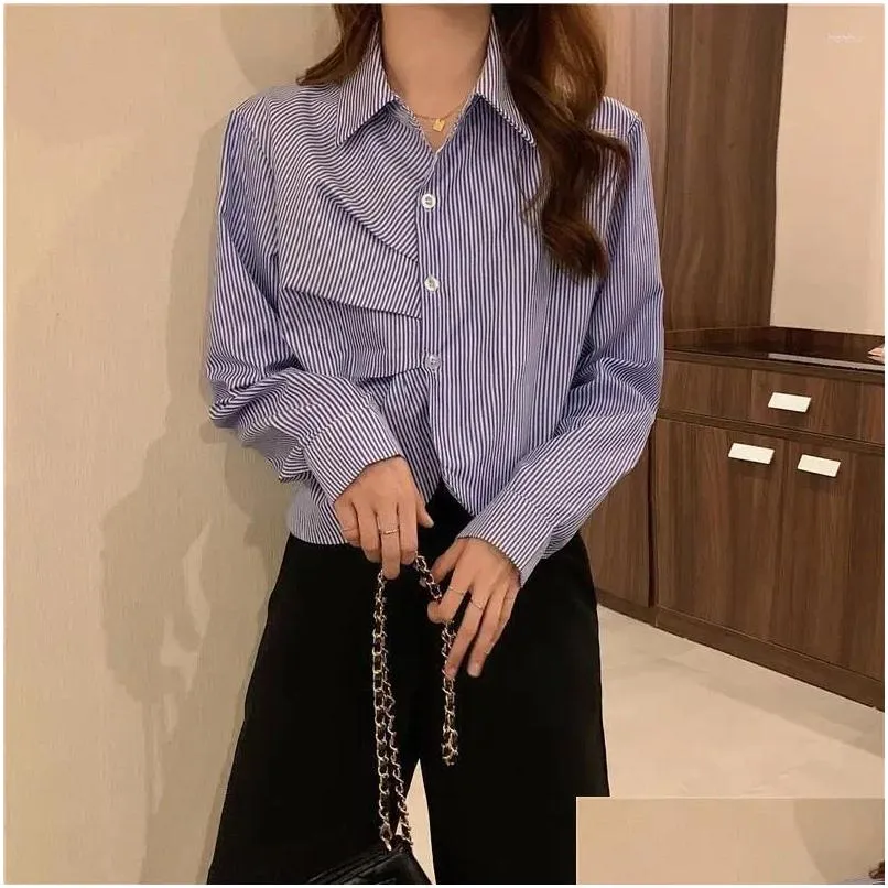 Dames blouses shirts shirts lange mouw turn down kraag knoppen patchwork geplooid gestreepte kantoor dame simplicity dames kleding lente top otile