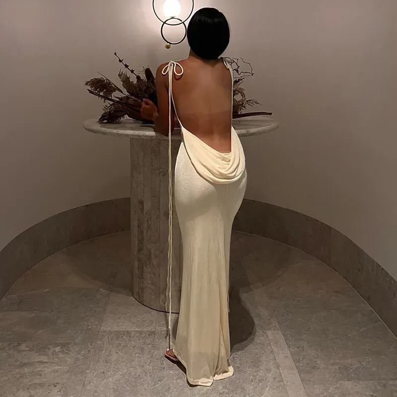 Jurken Elegante Mode Halter Sexy Backless Gedrapeerde Maxi Jurk Vrouwen 2023 Zomer Vrouwen Party Lange Bandjes Shift Jurken Kleding