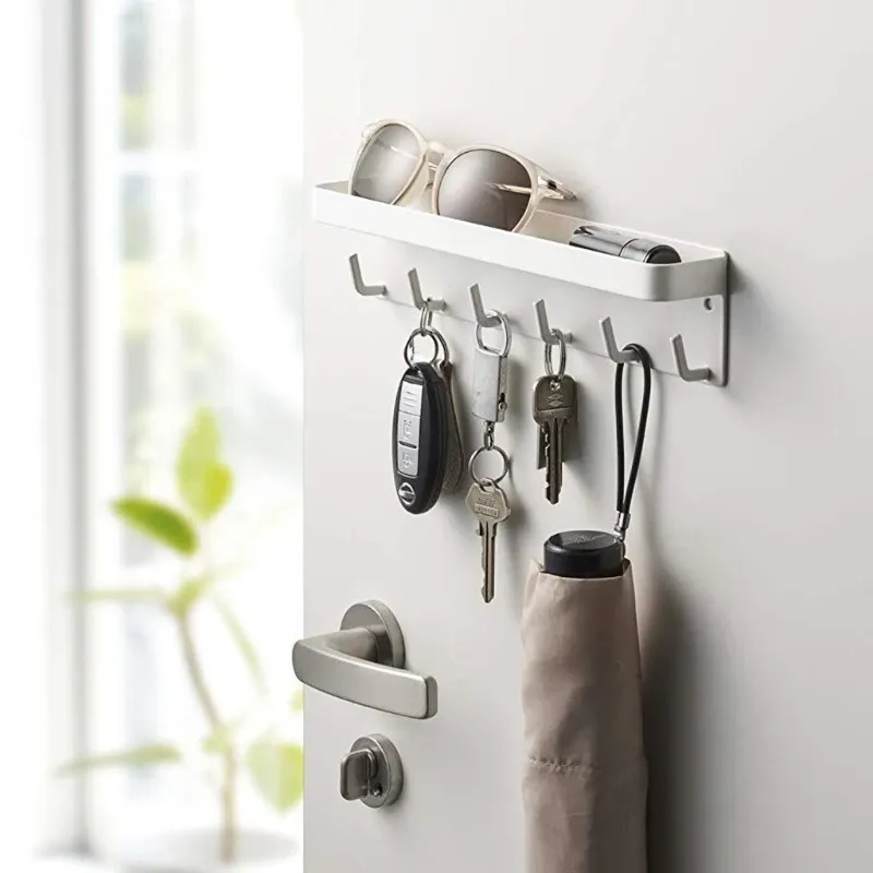 Rails Wallmounted Magnetic Key Mail Holder RackオーガナイザーシェルフEngryway廊下のキッチンの家の装飾用の6つのフックトレイ