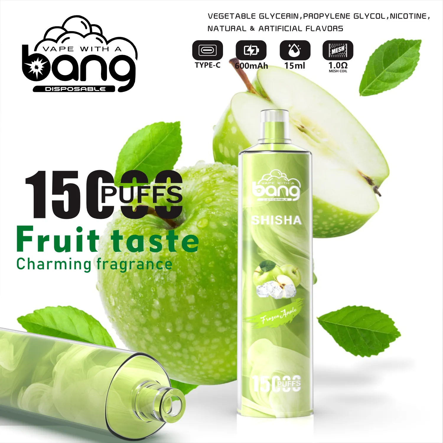 Original bang SHISHA 15000 puffs Disposable vape pen puff 15k vape bang 24ml prefilled cartridges pod 650 mah rechargerable battery LED light color