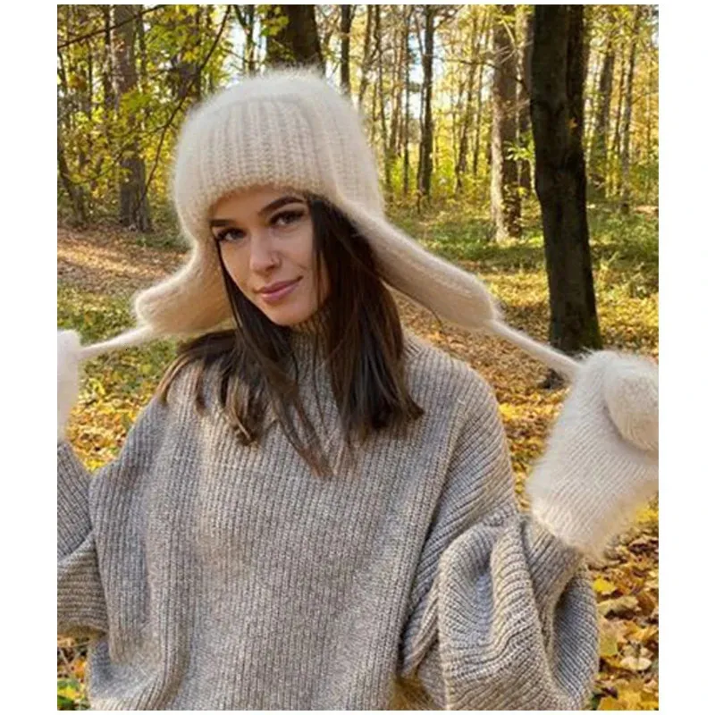 Kvinnor Winter Angora Earflaps hatt varm fluffig kanin päls stickad kvinnlig tjock fleece fodrad ryska trapper 10 färger 240309