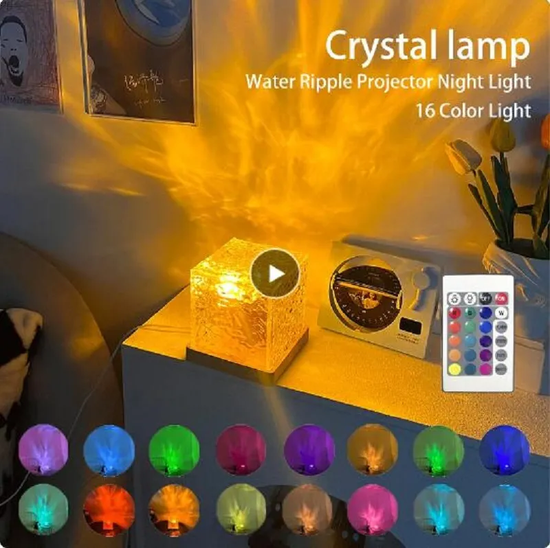 Rotating Water Ripple Projector Night Light 3/16 Colors Flame Crystal Lamp for Living Room Study Bedroom Rotating Light