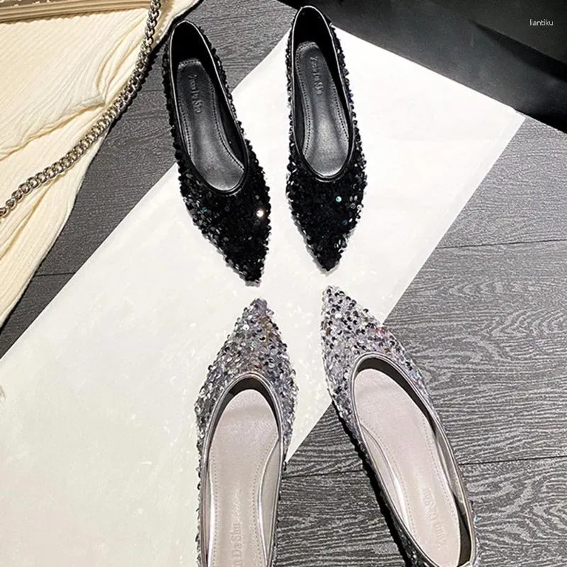 Casual Shoes 2024 Woman Fashion Pointed Toe Kawaii Solid Versatile Female Flats Bling Sequin Soft Sole Shallow Mary Jane