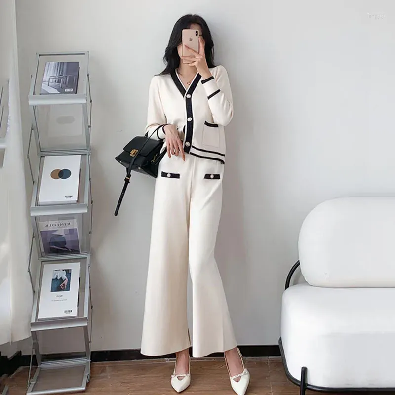 Women's Two Piece Pants Fall And Winter Women Knitted Pant Suits Fashion Commuter V-neck Single-breasted Knit Cardigan Sweater 2pcs Matching