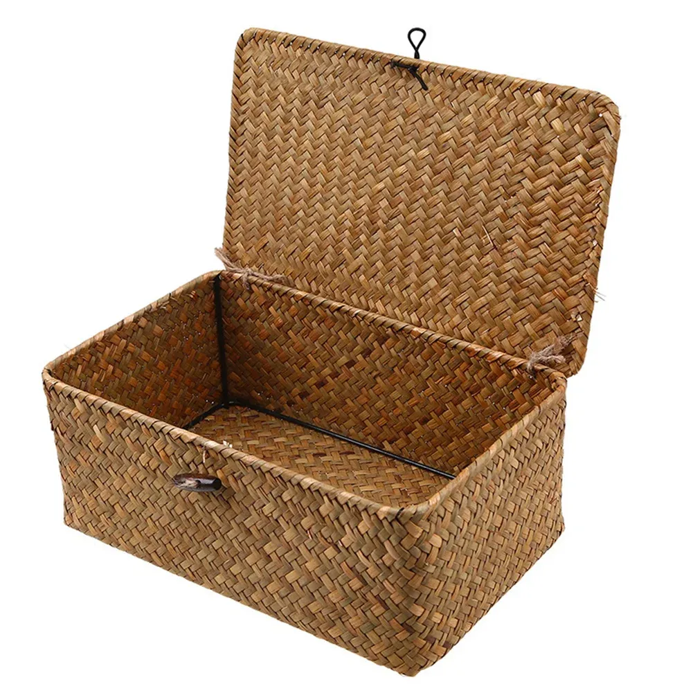 Cestas HandWoven Casa Organizador Multiuso Desktop Cozinha Rattan Cesta de Armazenamento Grande Capacidade Recipiente Quarto Pastoral com tampa