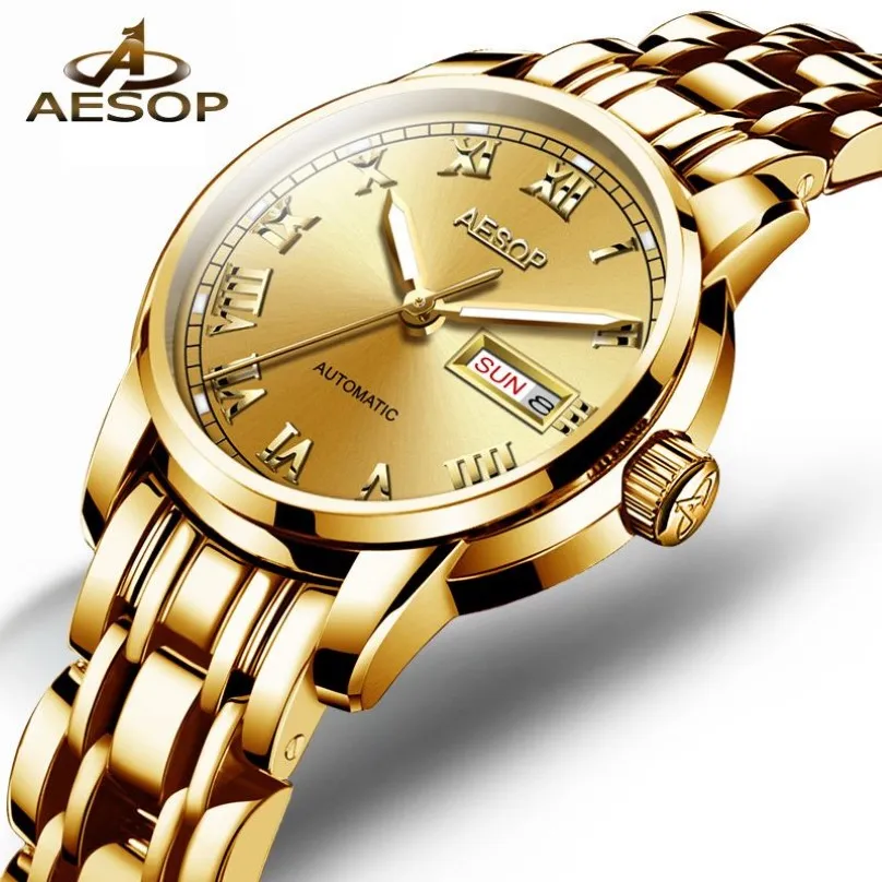 Aesop Gold Luxury Watch Women Japan Bewegung Mechanische Automatikwache Damen Edelstahl Goldene weibliche Uhr Frauen258W