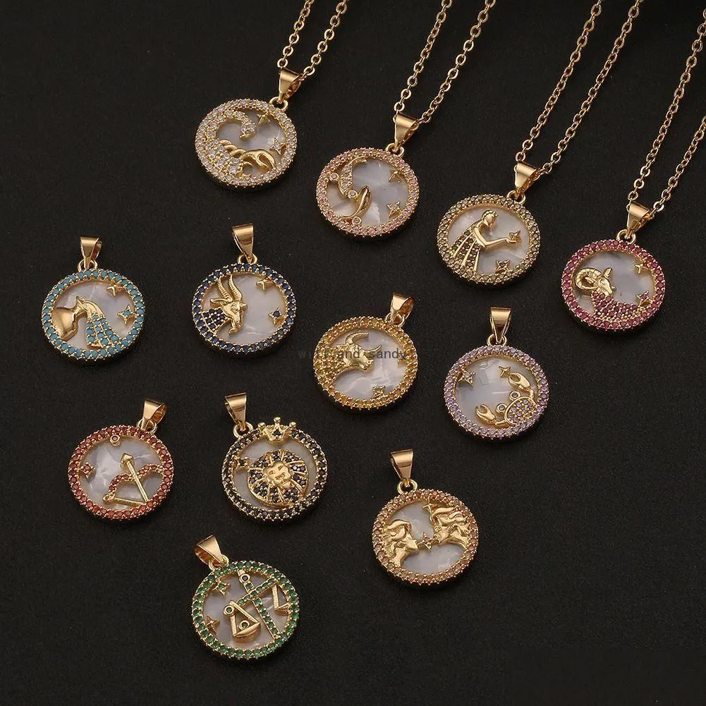 Pendentif Colliers 12 Signe du Zodiaque Collier Cuivre Clavicule Chaîne Lion Bélier Poissons Pendentifs Charme Étoile Ras Du Cou Astrologie Drop Livraison Dhja8