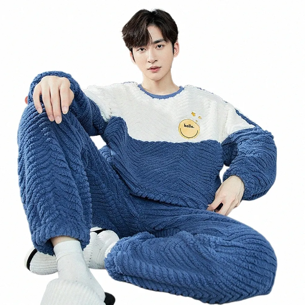Inverno engrossar flanela pijamas para slee pijamas masculinos conjunto estilo coreano carto pijama quente solto confortável pijama hombre t0if #