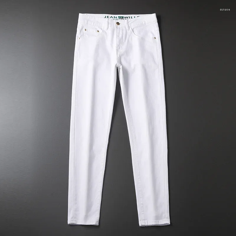 Herr jeans svart rak smal high-end mode allt avslappnad bomullsverksamhet vita denim byxor