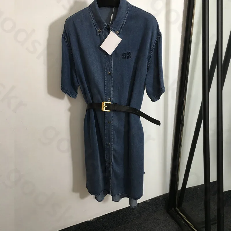 Sexy Embroidery Denim Dress Women Belt With Gold Buckle Short Sleeved Denim Shirt Dress Casual Denim Skirt