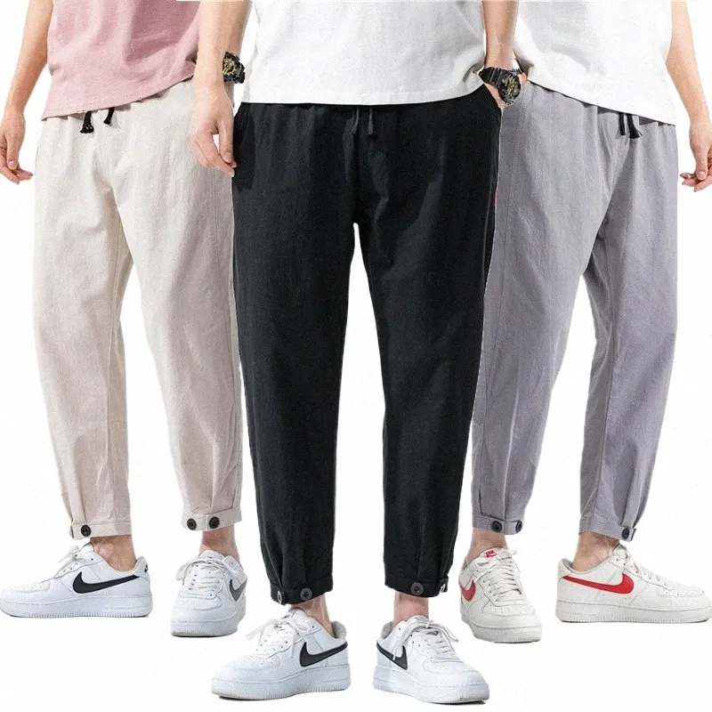 summer New Style Men's Trousers Linen Drawstring Sweatpants Jogging Casual Men Pants Pure Color Men's Runner Home Tactical Pants x5Si#