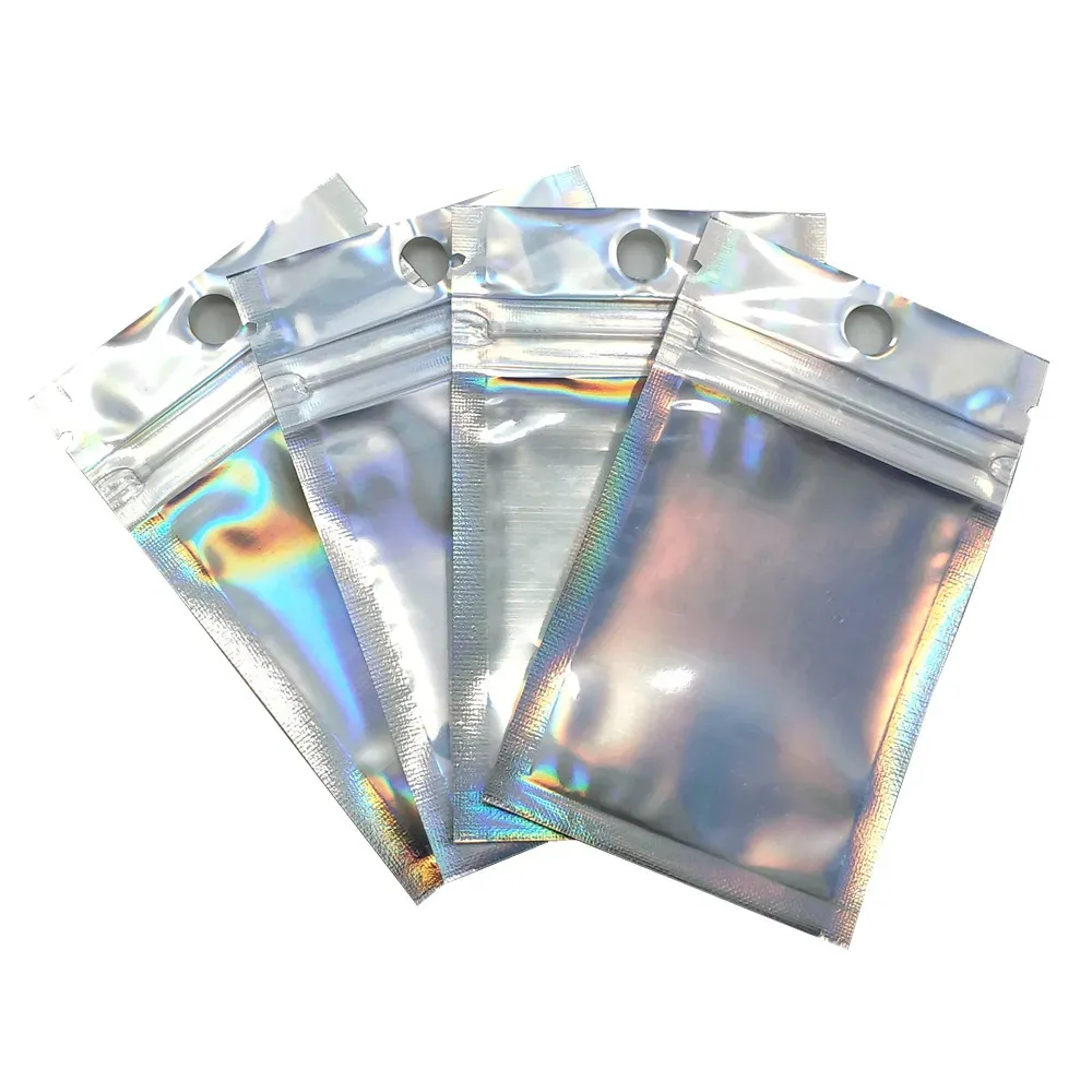 Clear Plain Laser Aluminum Foil Zipper Lock Packaging Bag with Hang Hole Party Crafts for Zip Storage Mylar Plastic Lock Pack Pouches