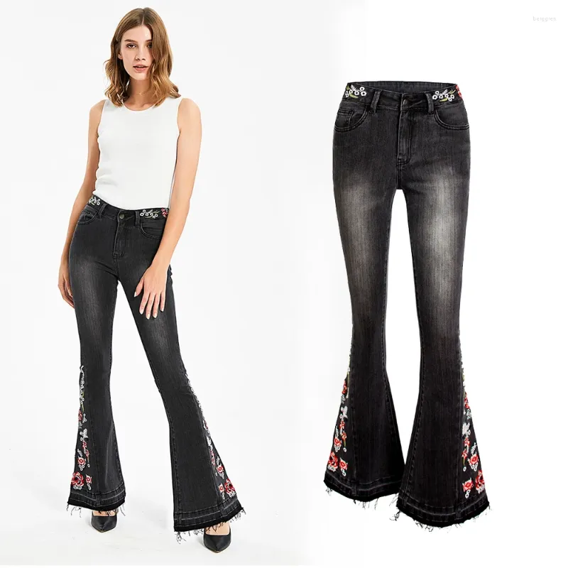 Jeans da donna Pantaloni invernali in denim da donna Svasati elasticizzati Ricami floreali Gamba larga Micro svasati Ragazze Vintage