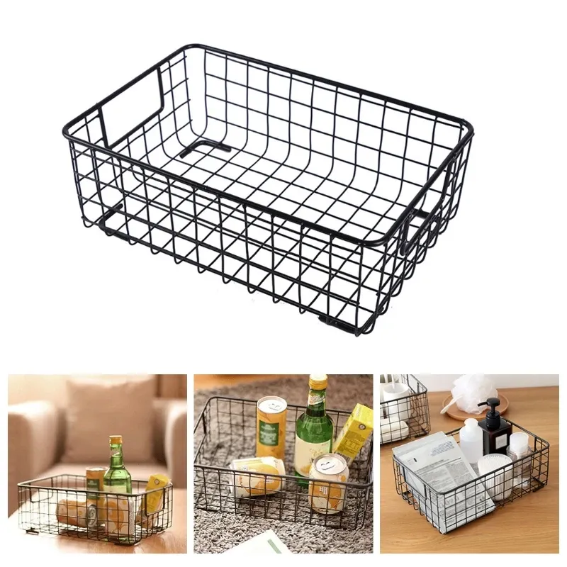 Baskets Metal Wire Storage Basket with Handle Wrought Iron Art Fruit Vegetable Snacks Holder Sundries Container Organizer