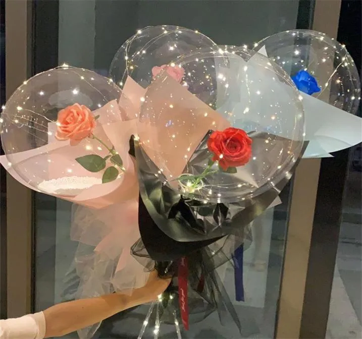 LED Luminous Balloon Rose Bouquet Transparent Bubble Enchanted Rose with Stick Bobo Ball Valentines Day Gift Wedding Party Decor E8214692