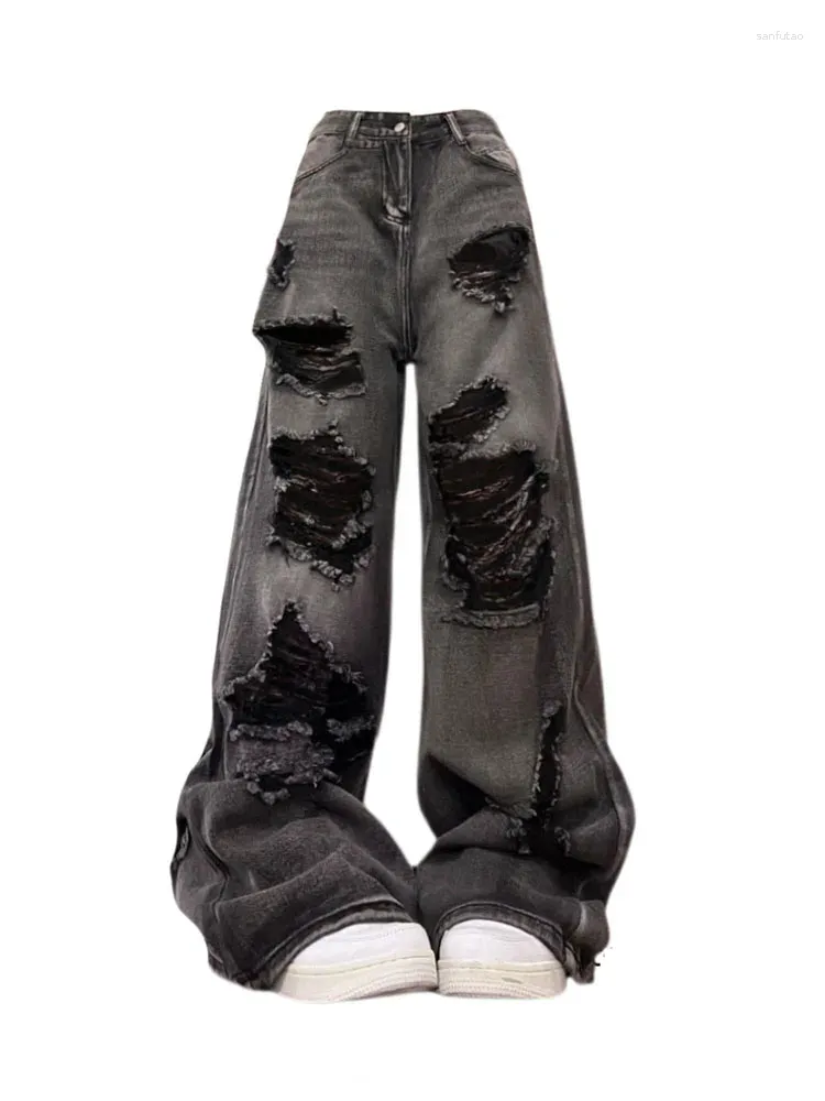 Women's Jeans High Street Grey Ripped Hole Vintage Wide Leg Waist Jean Pants Gyaru Classical Streetwear Baggy Denim Trousers Hiphop