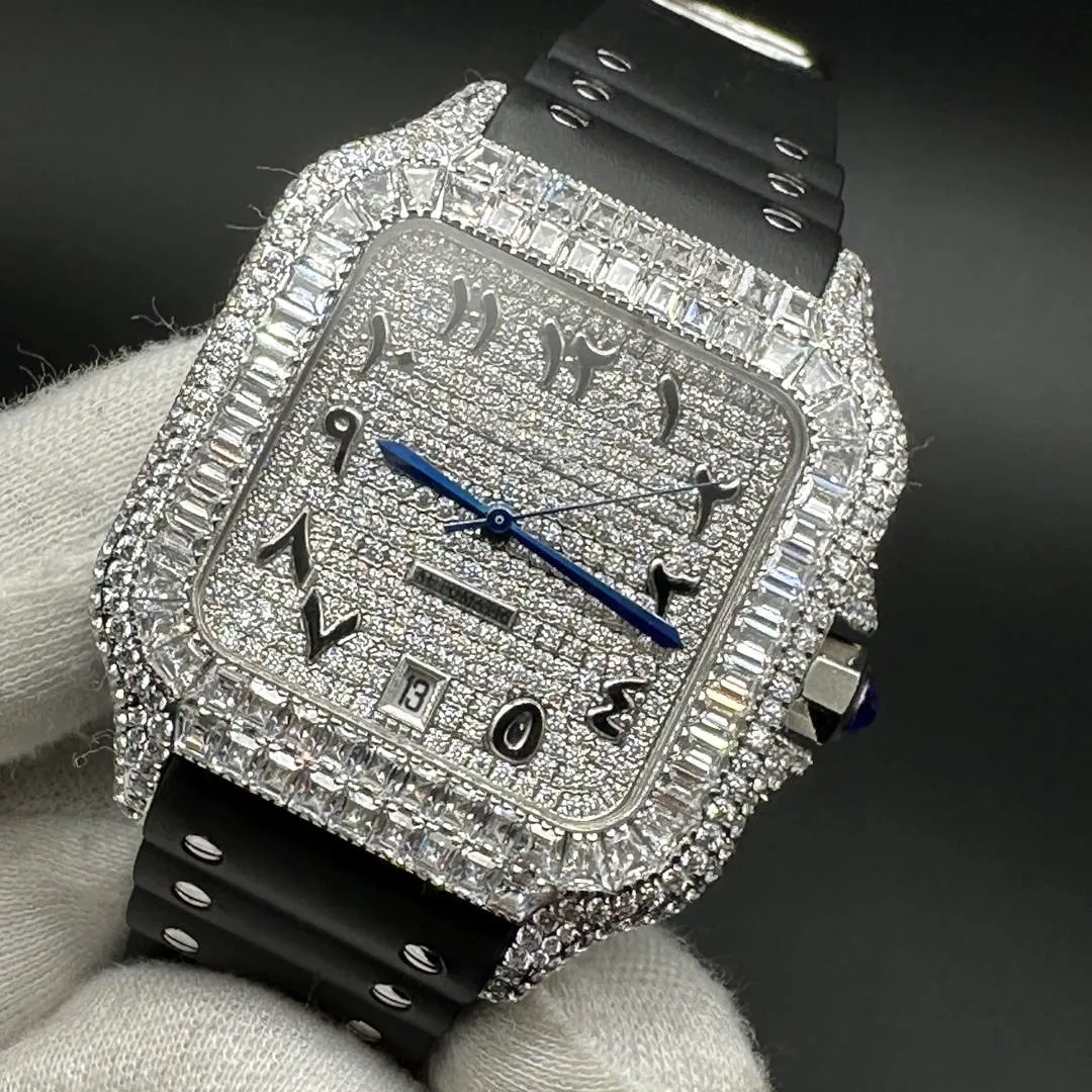 Orologio da uomo Iced Diamond automatico Cassa in argento con diamanti 38,5 mm Lunetta baguette Quadrante arabo Cinturino in caucciù nero