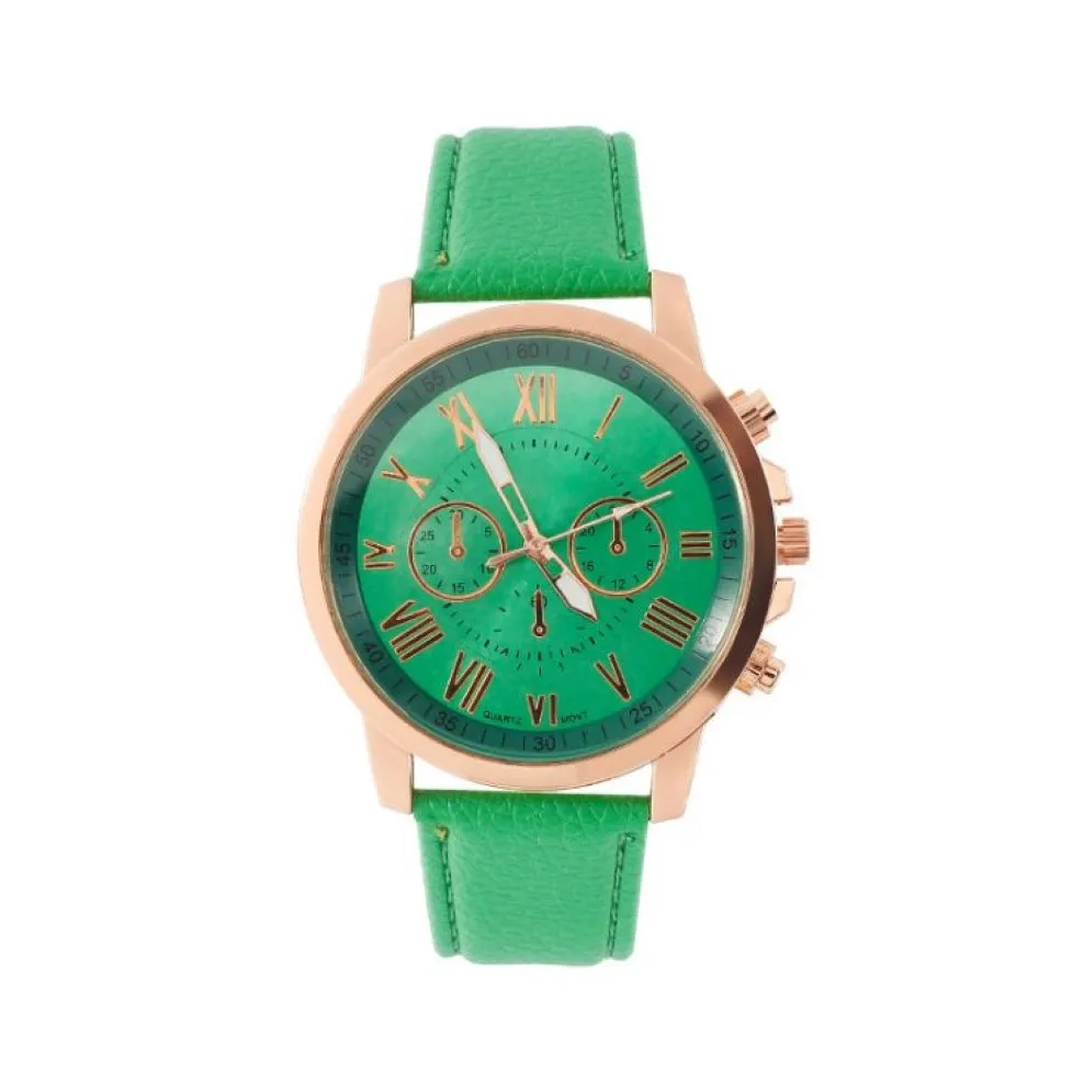 패션 로마 번호 다이얼 녹색 여자 시계 레트로 제네바 학생 시계 가죽 밴드 248K와 매력적인 여자 석영 손목 시계