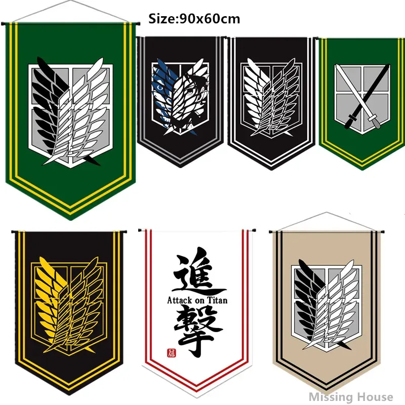 Accesorios de 90x60cm, cartel de Anime Attack On Titan, bandera, juego, cortina, cartel de tela colgante, decoración de fiesta de Cosplay, bandera KTV, regalos de dibujos animados