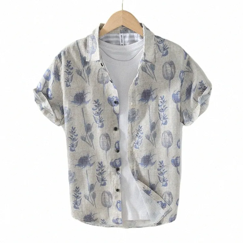 Новые летние рубашки с коротким рукавом из 100% льна с принтом для мужчин, тонкая уличная одежда, мужская одежда BL996 H6Ge #