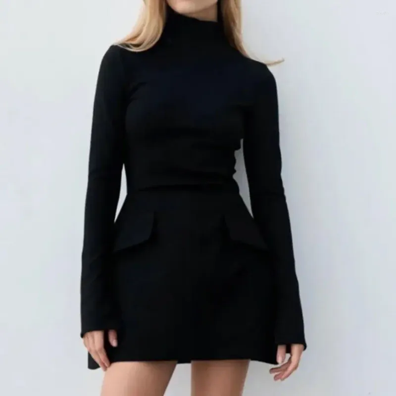 Casual Dresses Slim Fit Mini Dress Elegant Solid Color With Flap Pockets Elastic Waist Long Sleeve Bodycon Female For Women