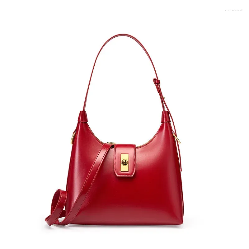 Evening Bags Wine Red Shoulder Hobo Bag For Women With Genuine Cow Leather Luxury Designer Ladies Handbags Purse