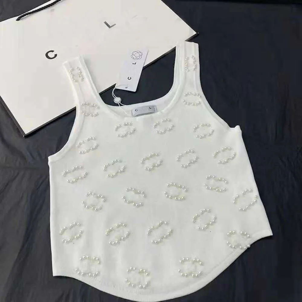 Kvinnors t-shirtdesigner 2024 Kvinnor Summer Knit Tee Tops Pearl Inlay Cotton Crop Top T-shirt Kläder High End Sexiga tröjor Vest High Quality