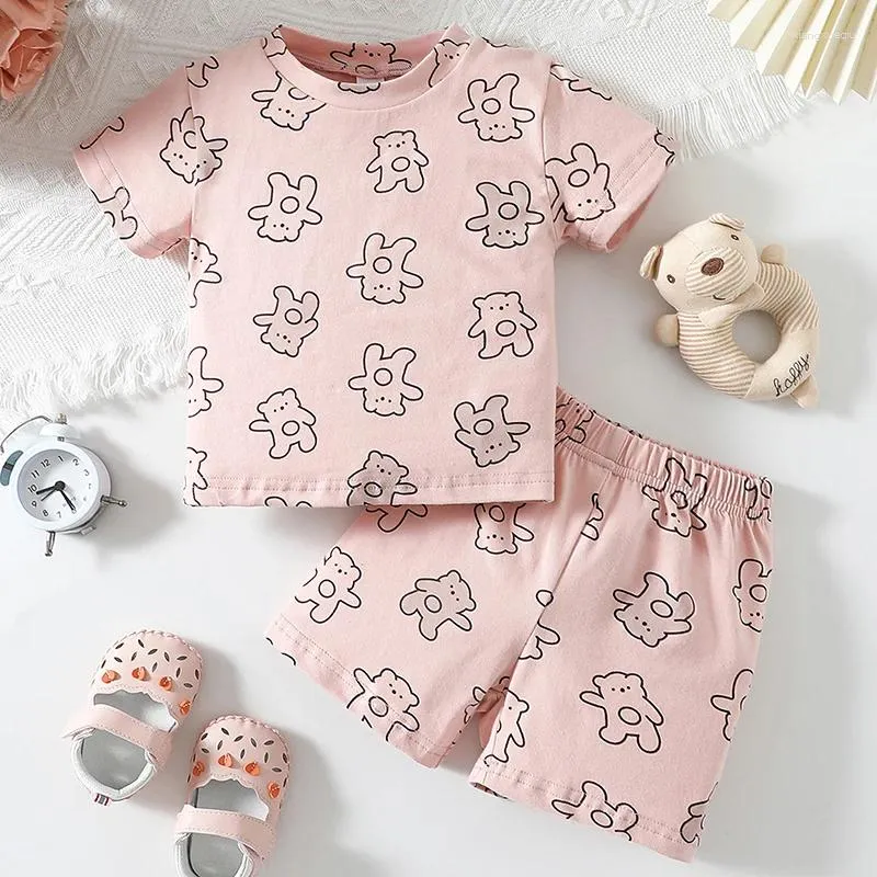 Комплекты одежды для маленьких девочек и мальчиков, летние милые шорты, топы с круглым вырезом и короткими рукавами с принтом медведя