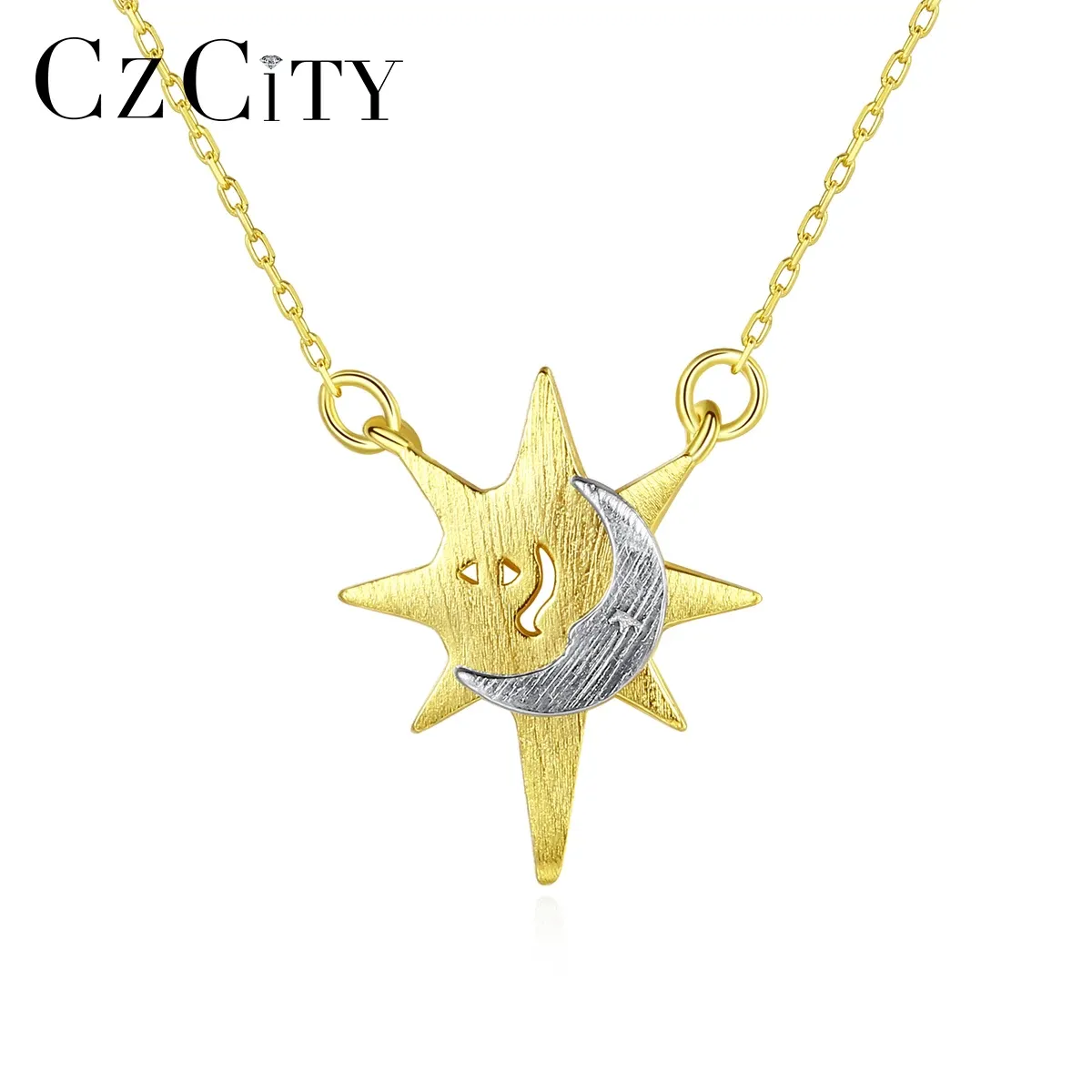 Halsketten ZzCity Ägyptischer Stil gebürstet 925 Sterling Silber Sun and Mond Anhänger Halsketten für Frauen Gold Farbe Mädchen Party Fein Schmuck