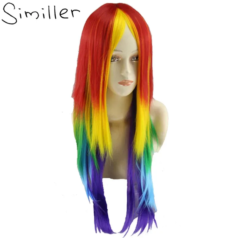 Perucas similler longo cosplay arco-íris perucas sintéticas sem tampa multi cor resistente ao calor cabelo reto para festa resistência ao calor 26 polegada