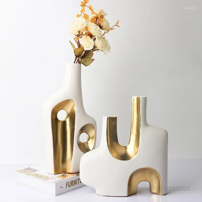 Vases Nordique Creative Céramique Art Arrangement De Fleurs Maison Chambre Salon Bureau Décor De Forme Spéciale Blanc Noir Or Vase 1Pc