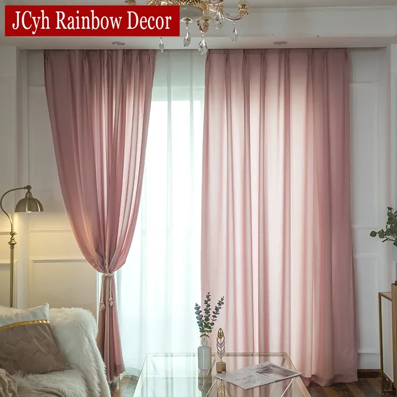 Gordijnen half verpletterd roze transparante gordijnen voor slaapkamer meisjes woonkamer voile tule gordijnen raambekleding effen kleur feestgordijnen
